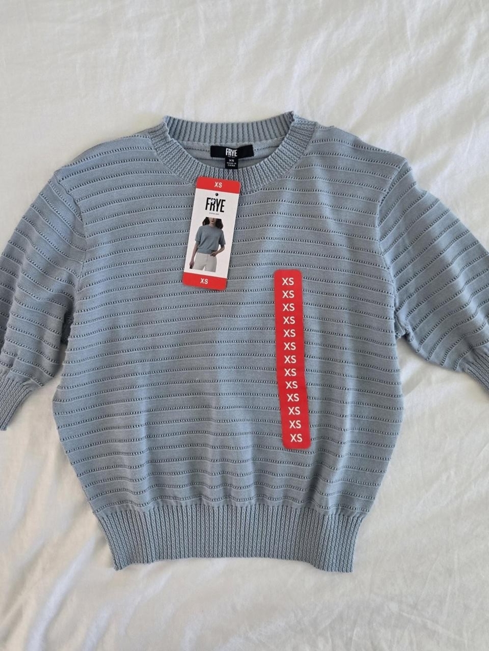 FRYE Light Blue Open-Knit Short Sleeve Crew Sweater